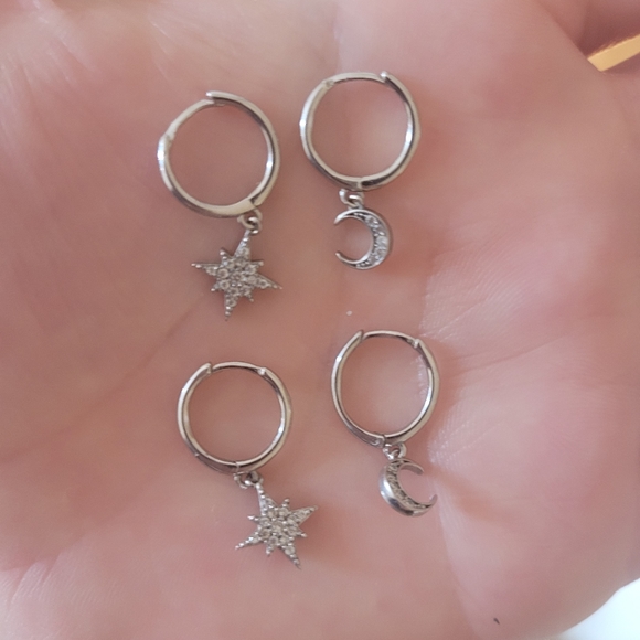  2 Pairs 925 Sterling Silver Moon Star Dangle Hoop Earring - Picture 3 of 6